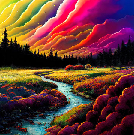 Beautiful Colorful Countryside and Cottage Illustrationの素材