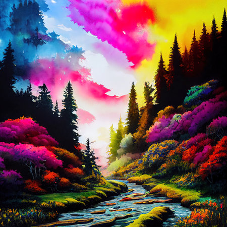 Beautiful Colorful Countryside and Cottage Illustrationの素材