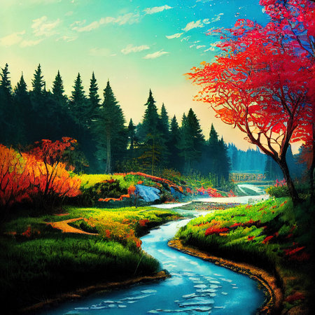 Beautiful Colorful Countryside and Cottage Illustrationの素材