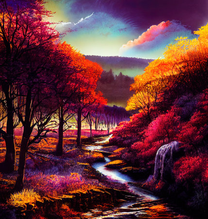 Beautiful Colorful Countryside and Cottage Illustrationの素材