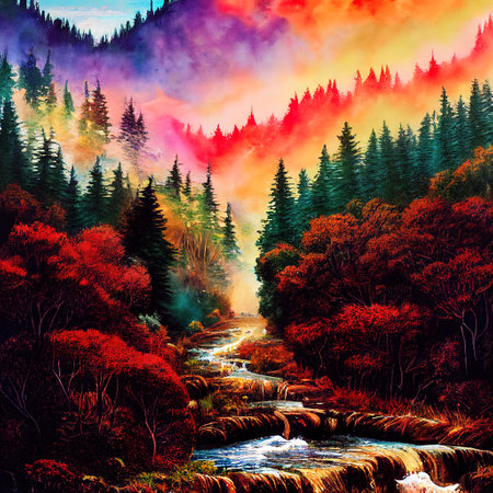 Beautiful Colorful Countryside and Cottage Illustrationの素材