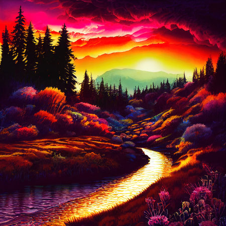 Beautiful Colorful Countryside and Cottage Illustrationの素材