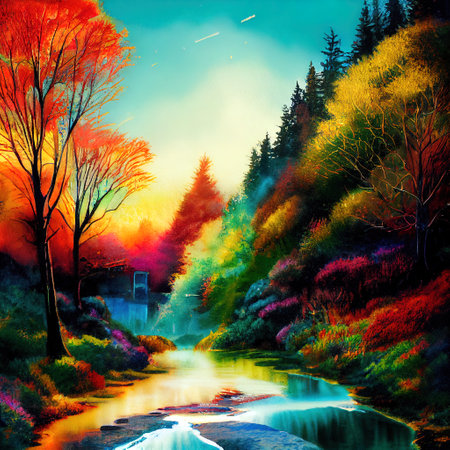 Beautiful Colorful Countryside and Cottage Illustrationの素材