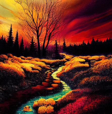 Beautiful Colorful Countryside and Cottage Illustrationの素材