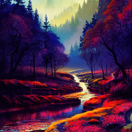 Beautiful Colorful Countryside and Cottage Illustrationの素材