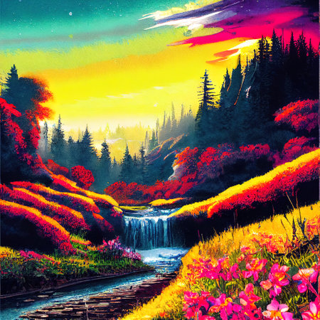 Beautiful Colorful Countryside and Cottage Illustrationの素材