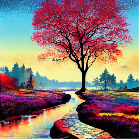 Beautiful Colorful Countryside and Cottage Illustrationの素材