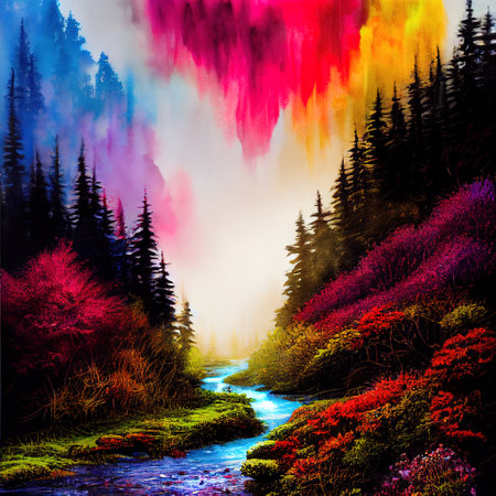 Beautiful Colorful Countryside and Cottage Illustrationの素材