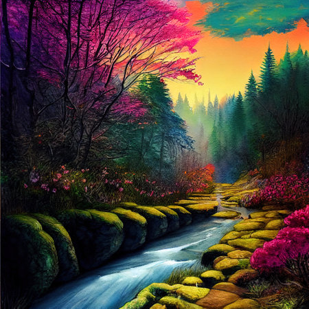 Beautiful Colorful Countryside and Cottage Illustrationの素材