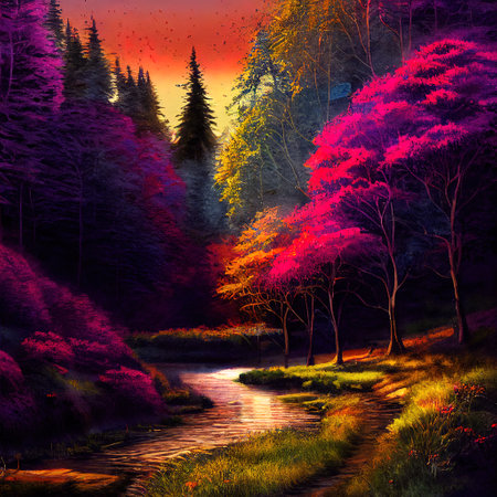 Beautiful Colorful Countryside and Cottage Illustrationの素材