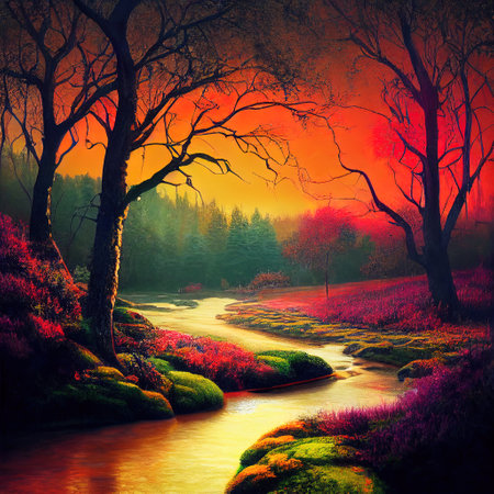 Beautiful Colorful Countryside and Cottage Illustrationの素材