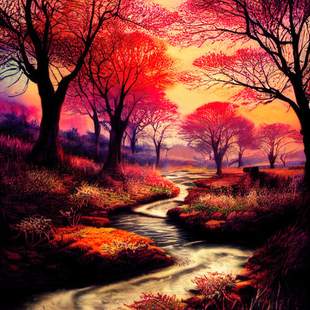 Beautiful Colorful Countryside and Cottage Illustrationの素材