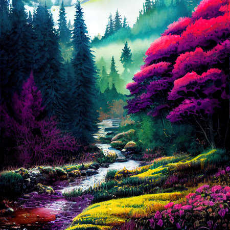 Beautiful Colorful Countryside and Cottage Illustrationの素材