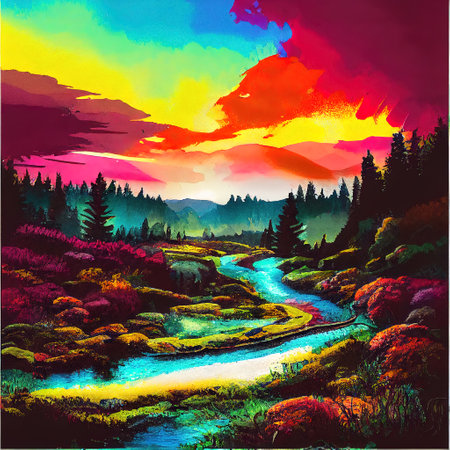 Beautiful Colorful Countryside and Cottage Illustrationの素材