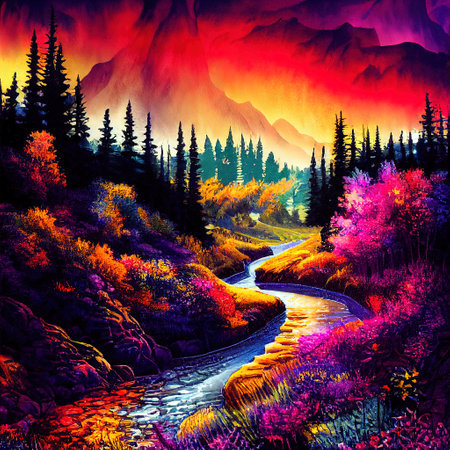 Beautiful Colorful Countryside and Cottage Illustrationの素材