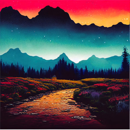 Beautiful Colorful Countryside and Cottage Illustrationの素材