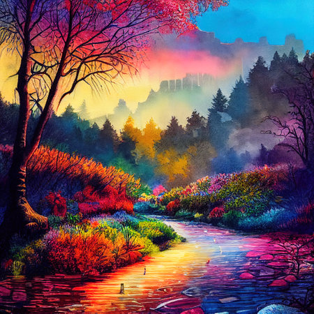 Beautiful Colorful Countryside and Cottage Illustrationの素材