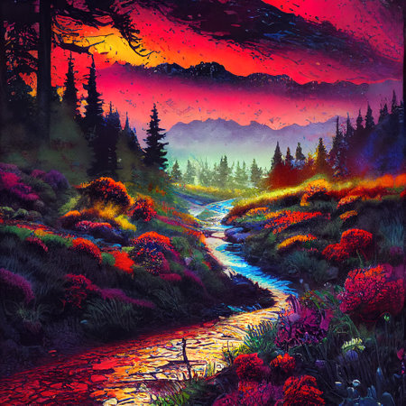 Beautiful Colorful Countryside and Cottage Illustrationの素材
