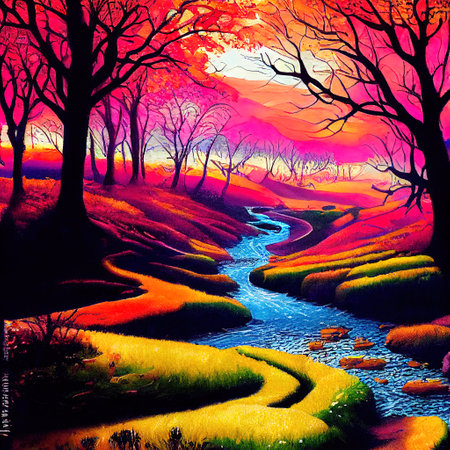 Beautiful Colorful Countryside and Cottage Illustrationの素材