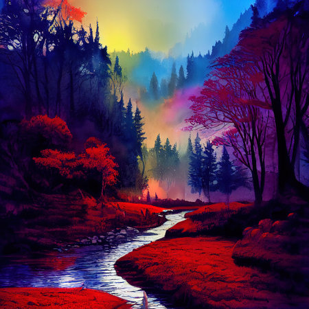 Beautiful Colorful Countryside and Cottage Illustrationの素材