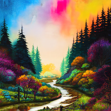 Beautiful Colorful Countryside and Cottage Illustrationの素材