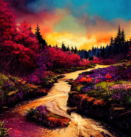 Beautiful Colorful Countryside and Cottage Illustrationの素材