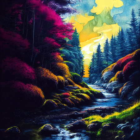 Beautiful Colorful Countryside and Cottage Illustrationの素材