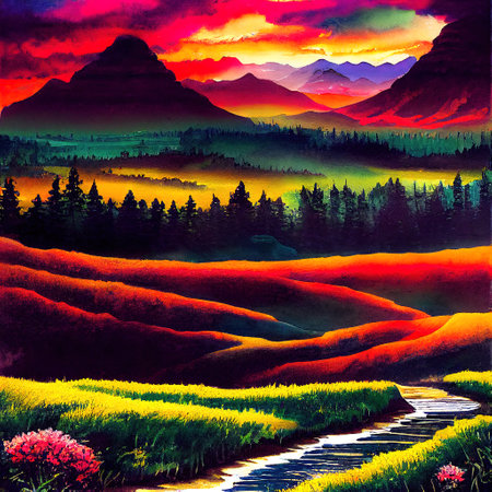 Beautiful Colorful Countryside and Cottage Illustrationの素材