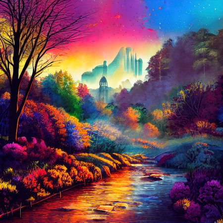 Beautiful Colorful Countryside and Cottage Illustrationの素材