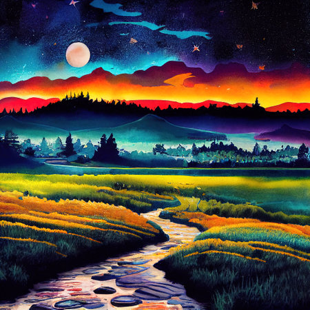 Beautiful Colorful Countryside and Cottage Illustrationの素材