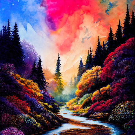 Beautiful Colorful Countryside and Cottage Illustrationの素材