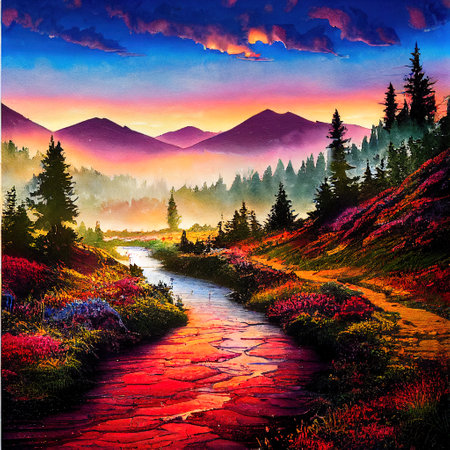 Beautiful Colorful Countryside and Cottage Illustrationの素材