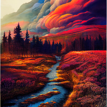 Beautiful Colorful Countryside and Cottage Illustrationの素材