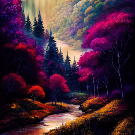 Beautiful Colorful Countryside and Cottage Illustrationの素材