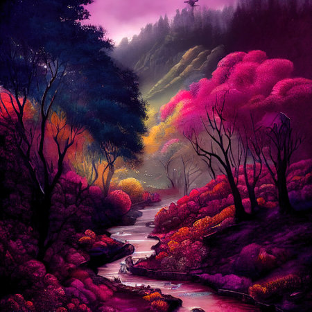 Beautiful Colorful Countryside and Cottage Illustrationの素材