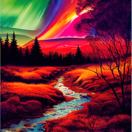Beautiful Colorful Countryside and Cottage Illustrationの素材