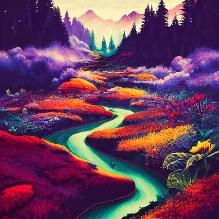 Beautiful Colorful Countryside and Cottage Illustrationの素材