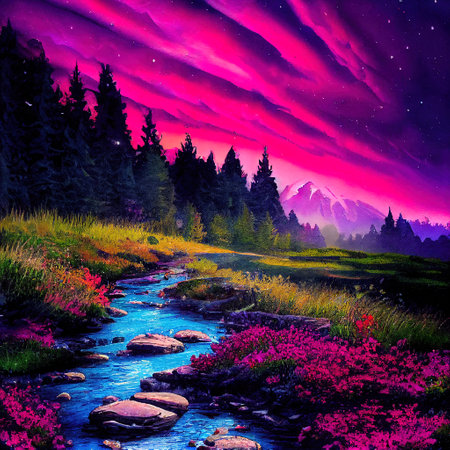 Beautiful Colorful Countryside and Cottage Illustrationの素材