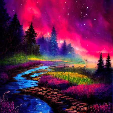 Beautiful Colorful Countryside and Cottage Illustrationの素材