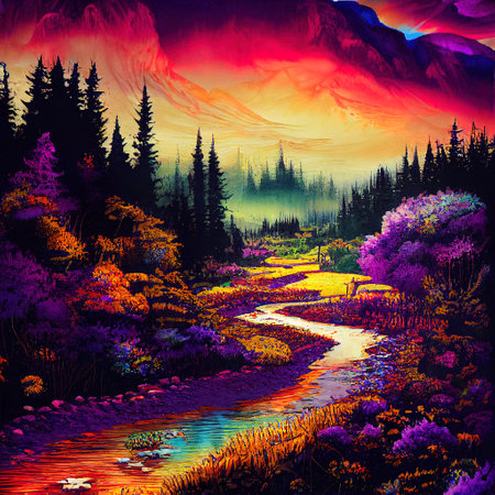 Beautiful Colorful Countryside and Cottage Illustrationの素材