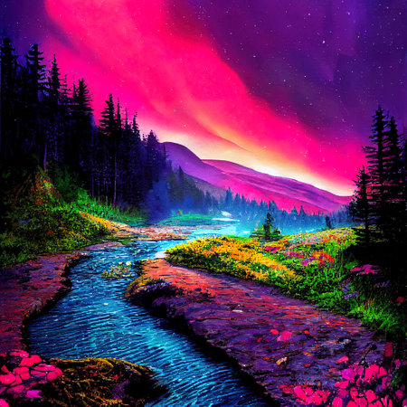 Beautiful Colorful Countryside and Cottage Illustrationの素材