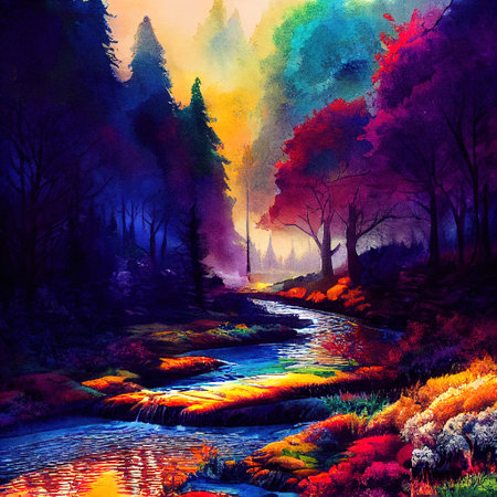 Beautiful Colorful Countryside and Cottage Illustrationの素材