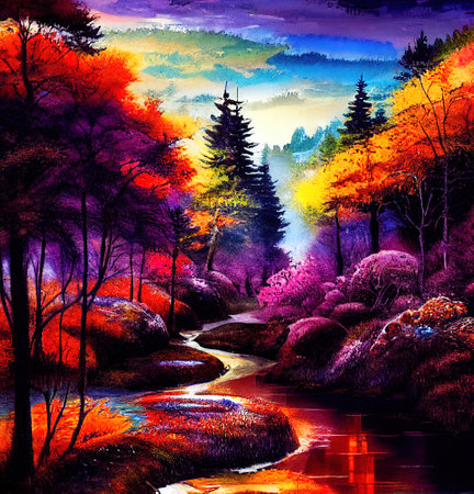 Beautiful Colorful Countryside and Cottage Illustrationの素材