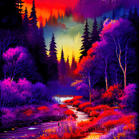 Beautiful Colorful Countryside and Cottage Illustrationの素材