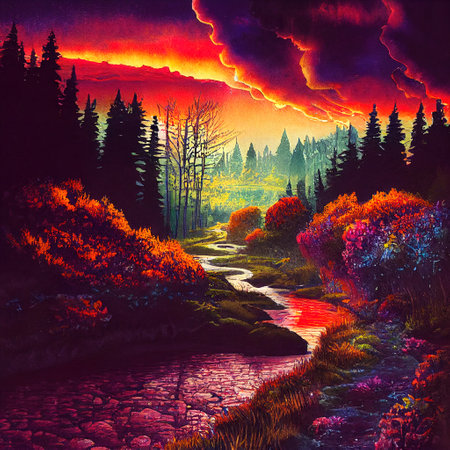 Beautiful Colorful Countryside and Cottage Illustrationの素材