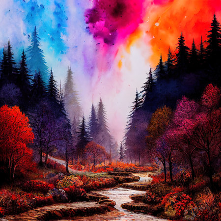 Beautiful Colorful Countryside and Cottage Illustrationの素材