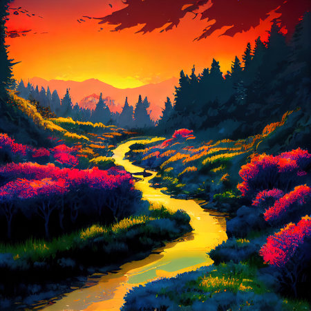 Beautiful Colorful Countryside and Cottage Illustrationの素材