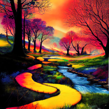 Beautiful Colorful Countryside and Cottage Illustrationの素材
