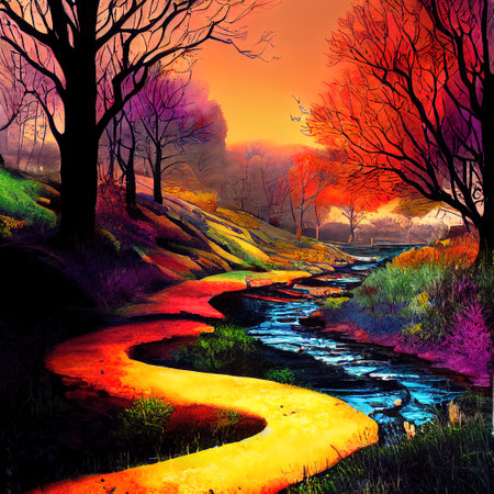 Beautiful Colorful Countryside and Cottage Illustrationの素材