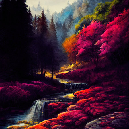 Beautiful Colorful Countryside and Cottage Illustrationの素材
